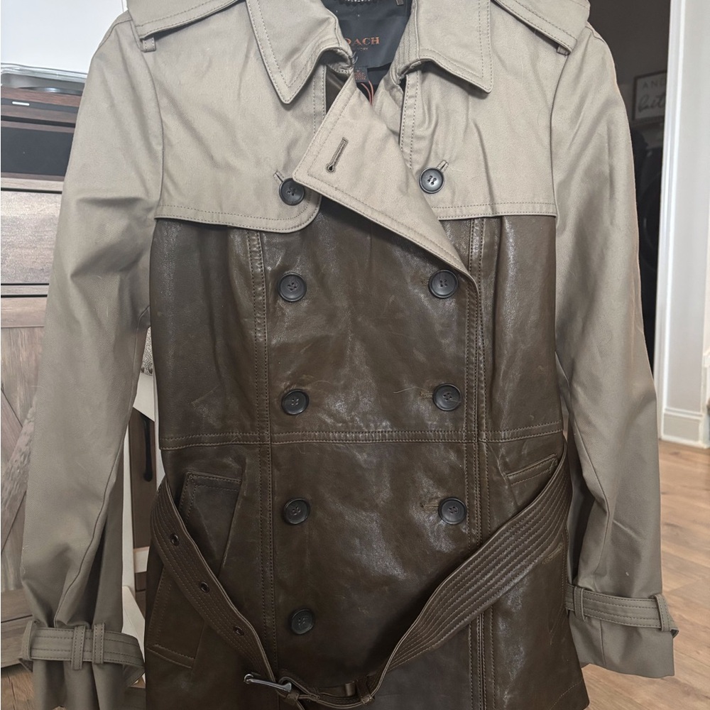 Coach Leather Slim Double Breasted Trench Coat with Belt